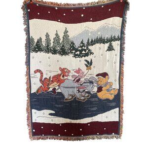 Vintage Disney Winnie the Pooh Winter Scene Woven Tapestry Blanket 71" x 48"